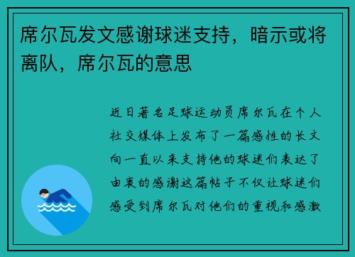 席尔瓦发文感谢球迷支持，暗示或将离队，席尔瓦的意思