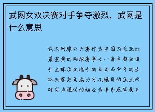 武网女双决赛对手争夺激烈，武网是什么意思