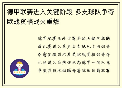 德甲联赛进入关键阶段 多支球队争夺欧战资格战火重燃