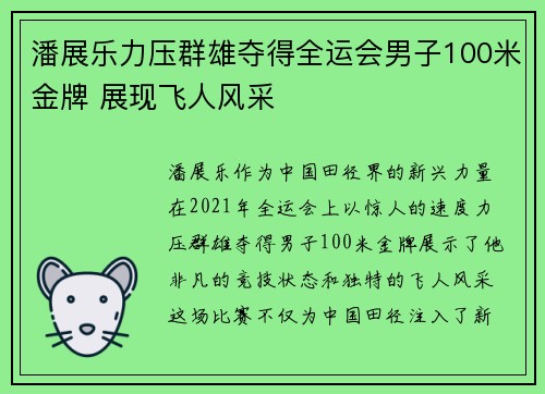 潘展乐力压群雄夺得全运会男子100米金牌 展现飞人风采