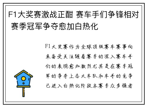 F1大奖赛激战正酣 赛车手们争锋相对 赛季冠军争夺愈加白热化